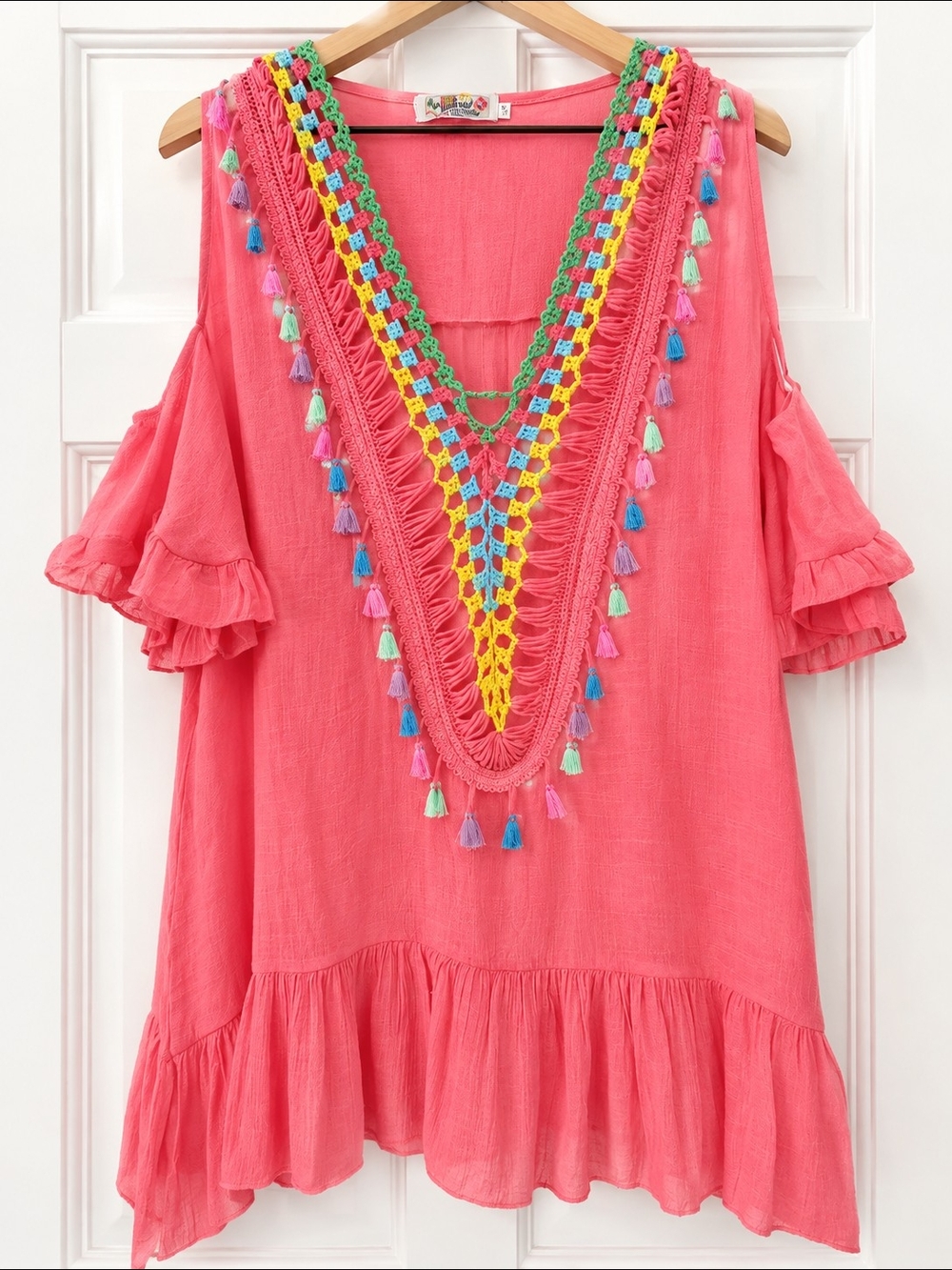 India Boutique Coral Pink Cold-Shoulder Coverup w/Multicolor Crochet & Tassels